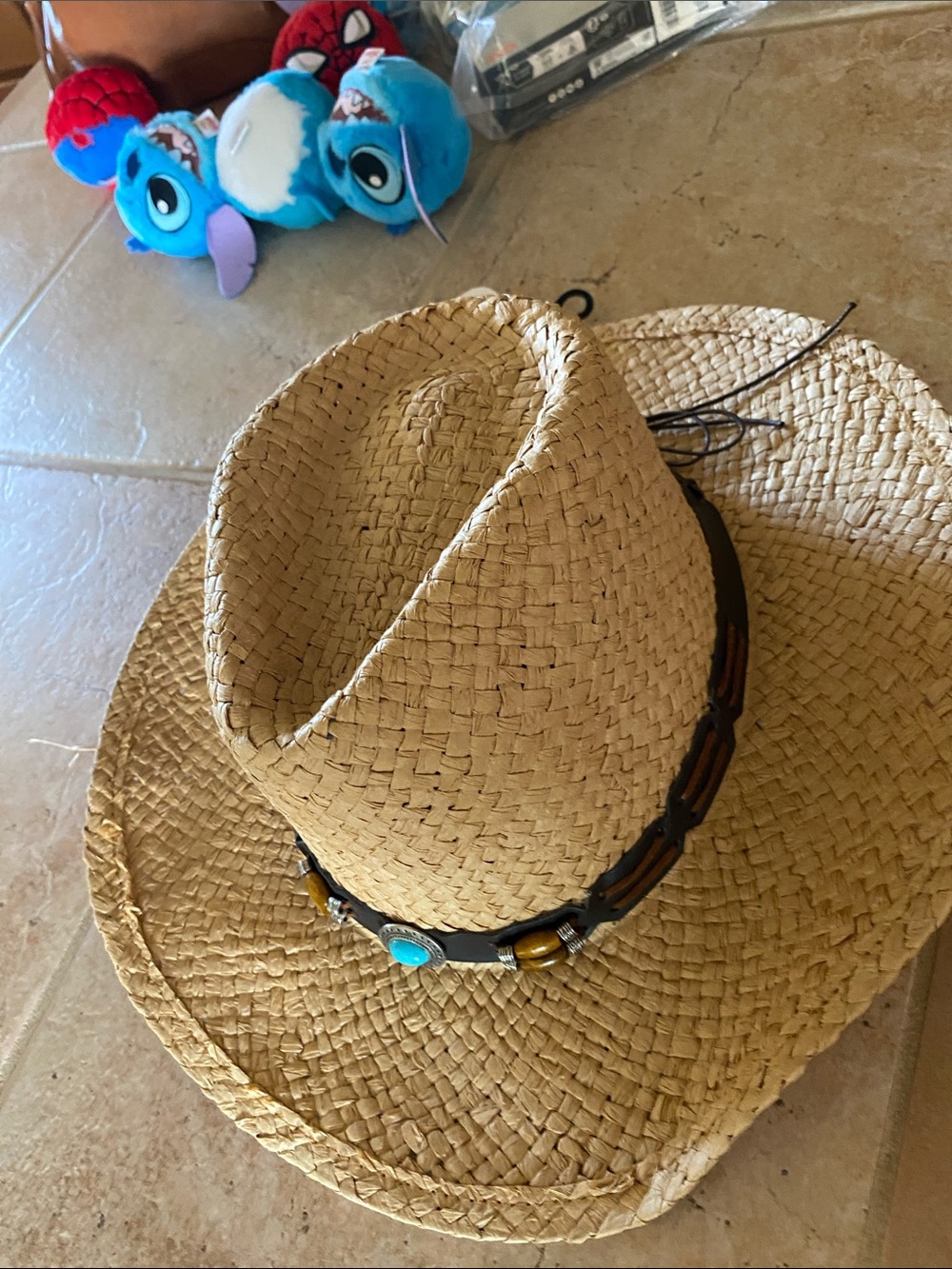 Ladies Straw Cowboy Hat with Turquoise Accent - Natural